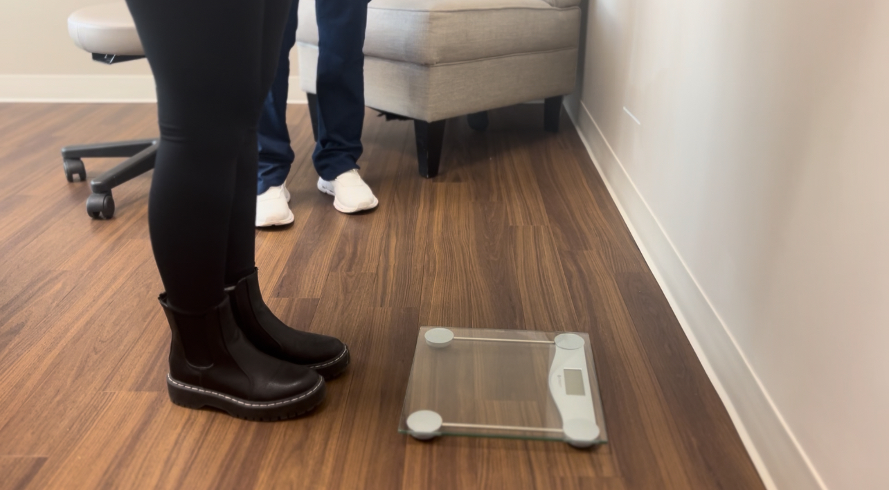 woman standing infront of a scale.